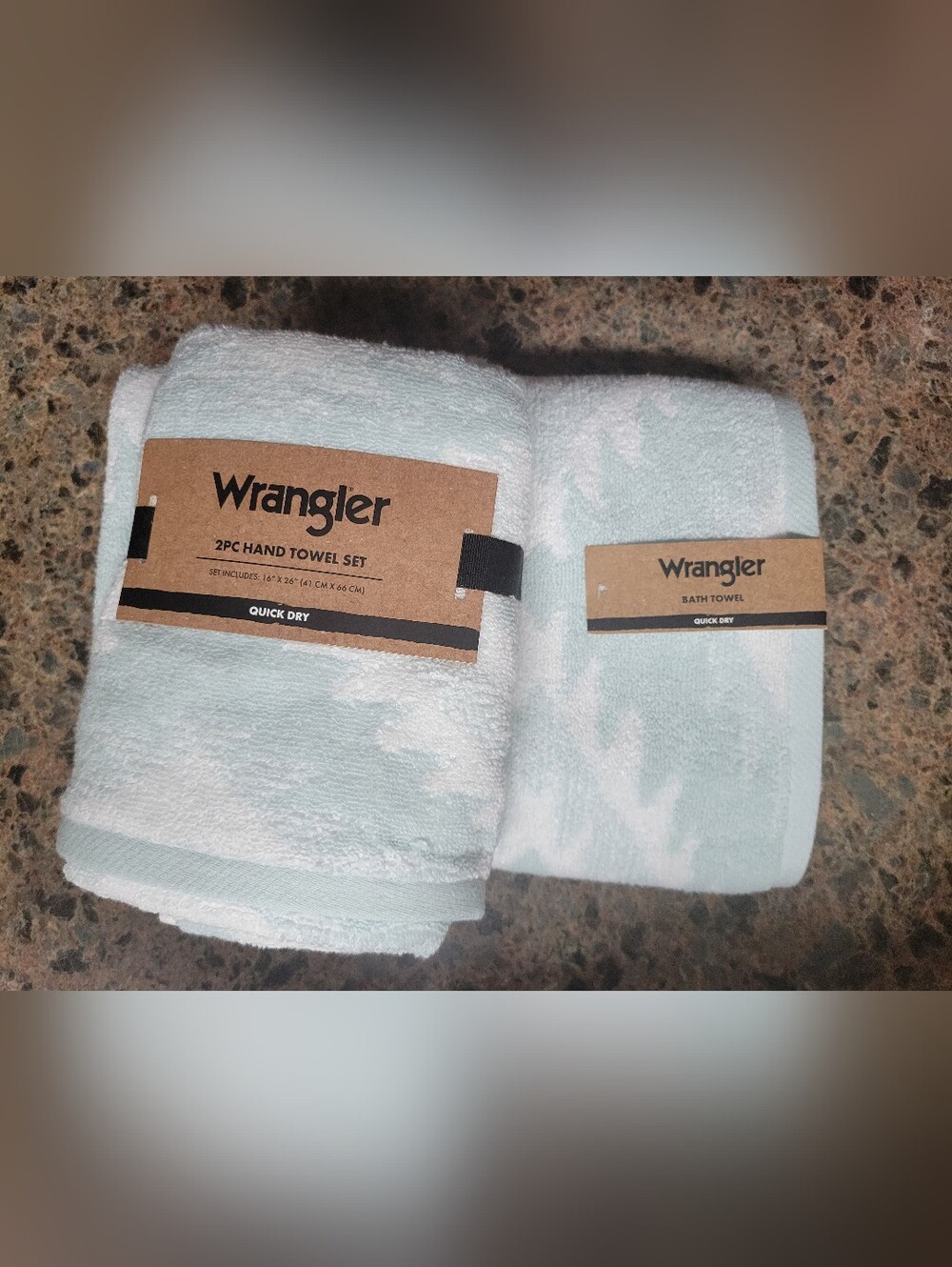 Wrangler Canyon Ranch Blue Mint & White 2pc Hand Towel Set + 1 Bath Towel NEW